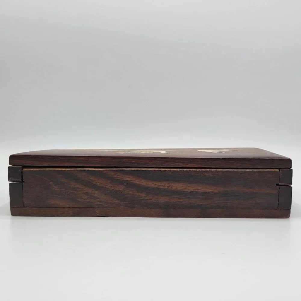 Vintage Handcrafted Wooden Jewelry Trinket Box Inlaid Peacock Design Metal Latch